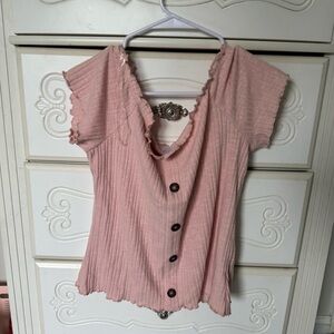 Off the shoulder button down tee. NEVER WORN. Size LARGE